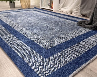 Scandinavian Style Royal Navy Blue Washable Woven Cotton Area Rugs
