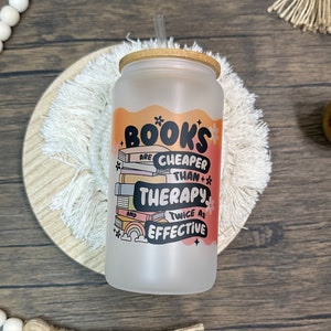 books lover glass cup, book therapy glass cup, book lovers gift, books coffee, Book Club Gift, Bookaholic Cup, Bookish Gifts Iced Coffee Cup