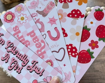Cute Bookmark Collection, Strawberry bookmark, Cowgirl bookmark, Mushroom bookmark, pink retro girly bookmark, cute girls read bookmark