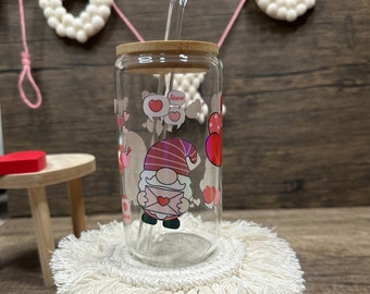 Valentine Gnome Glass Cup with Bamboo Lid and Straw