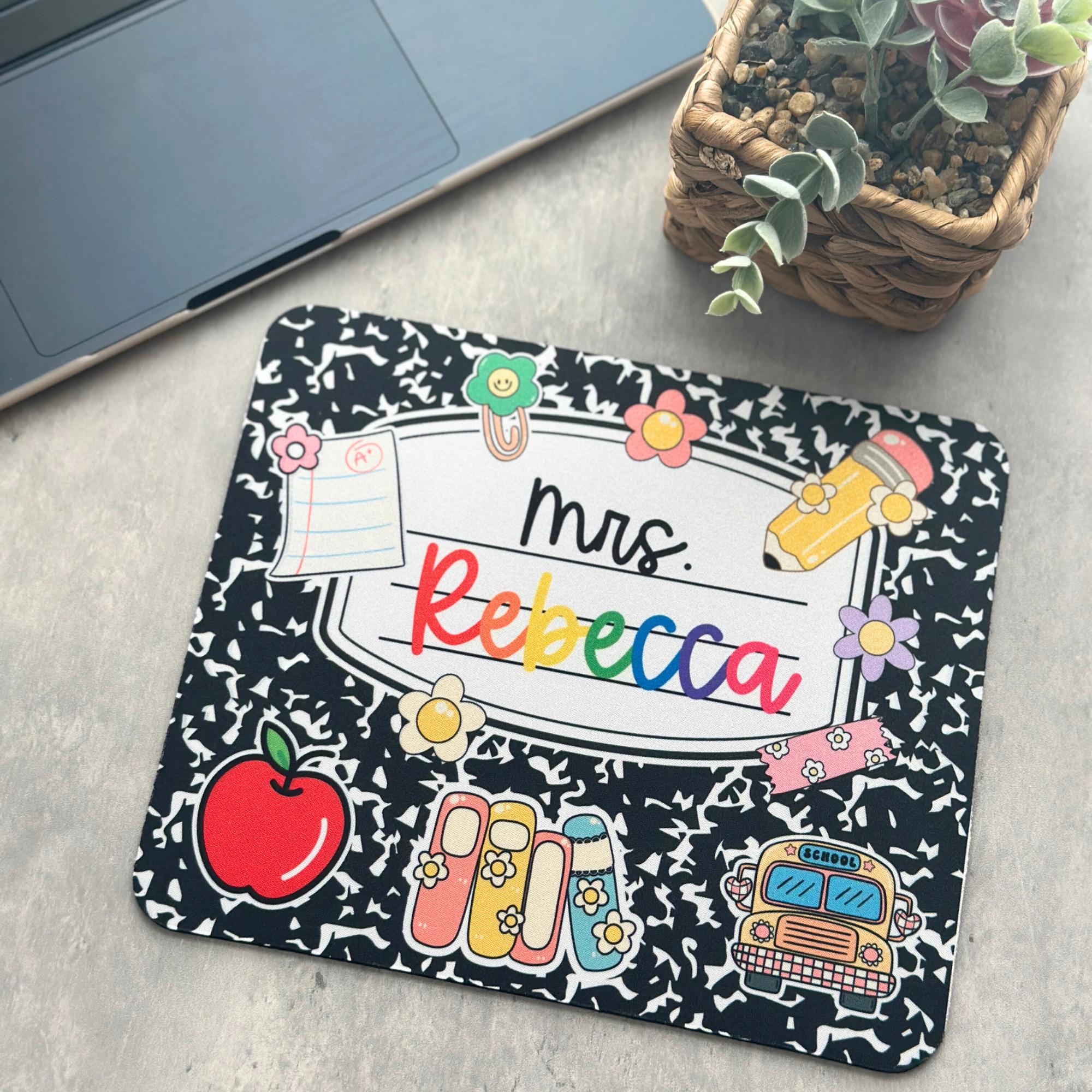 Custom Teacher Mouse Pad, Personalized Back To School Gift, Composition Notebook Mouse pad, Teacher Appreciation Gift, Cute Classroom Decor