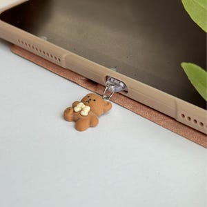 Könnte beinhalten: Ein brauner Teddybär-Anhänger, der an einem durchsichtigen Stecker für ein Handy-Ladegerät befestigt ist.