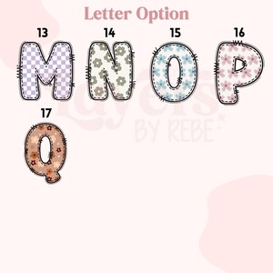 May include: A selection of decorative letters, including M, N, O, P, and Q, each with a unique pattern. The letters are outlined with a stitched border. The background is a soft pink.