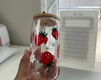 Vaso de vidrio con tapa de bambú y pajita de vidrio, 16 oz