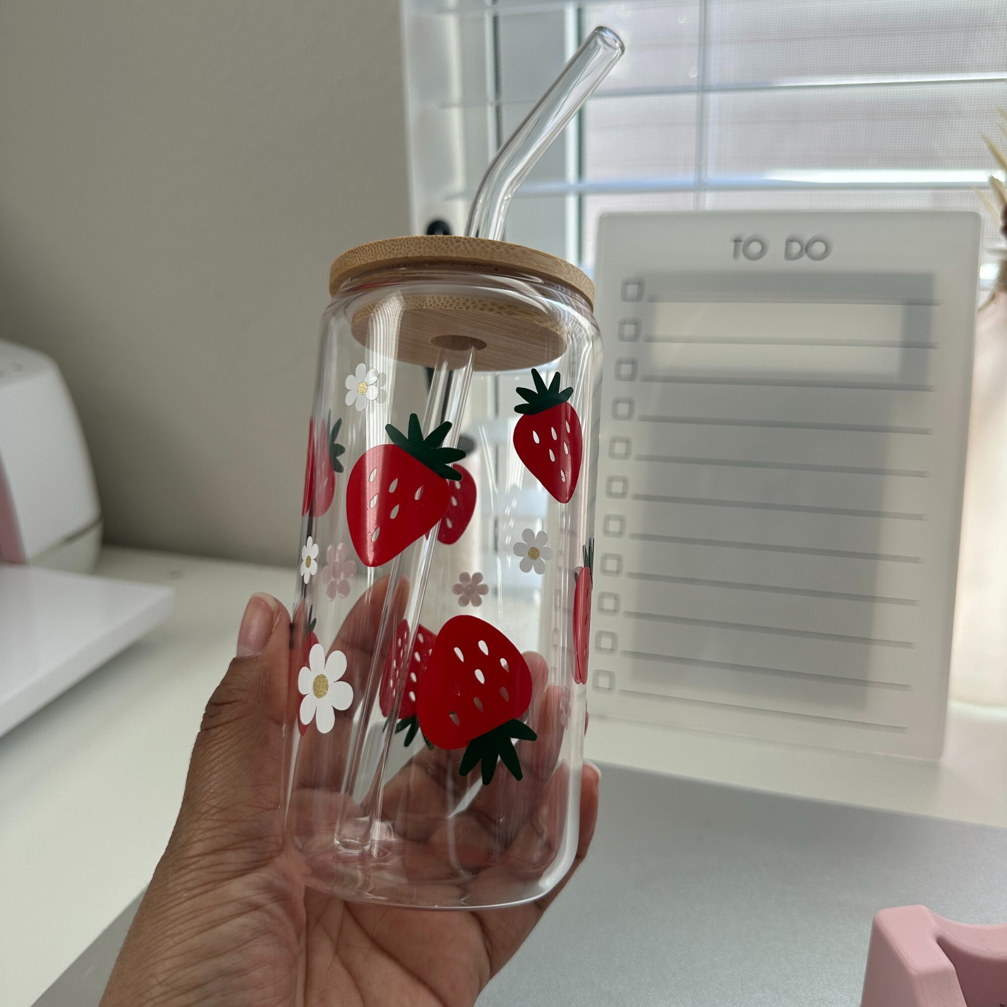 Strawberry Glass Cup With Bamboo Lid and Glass Straw, 16oz - Etsy