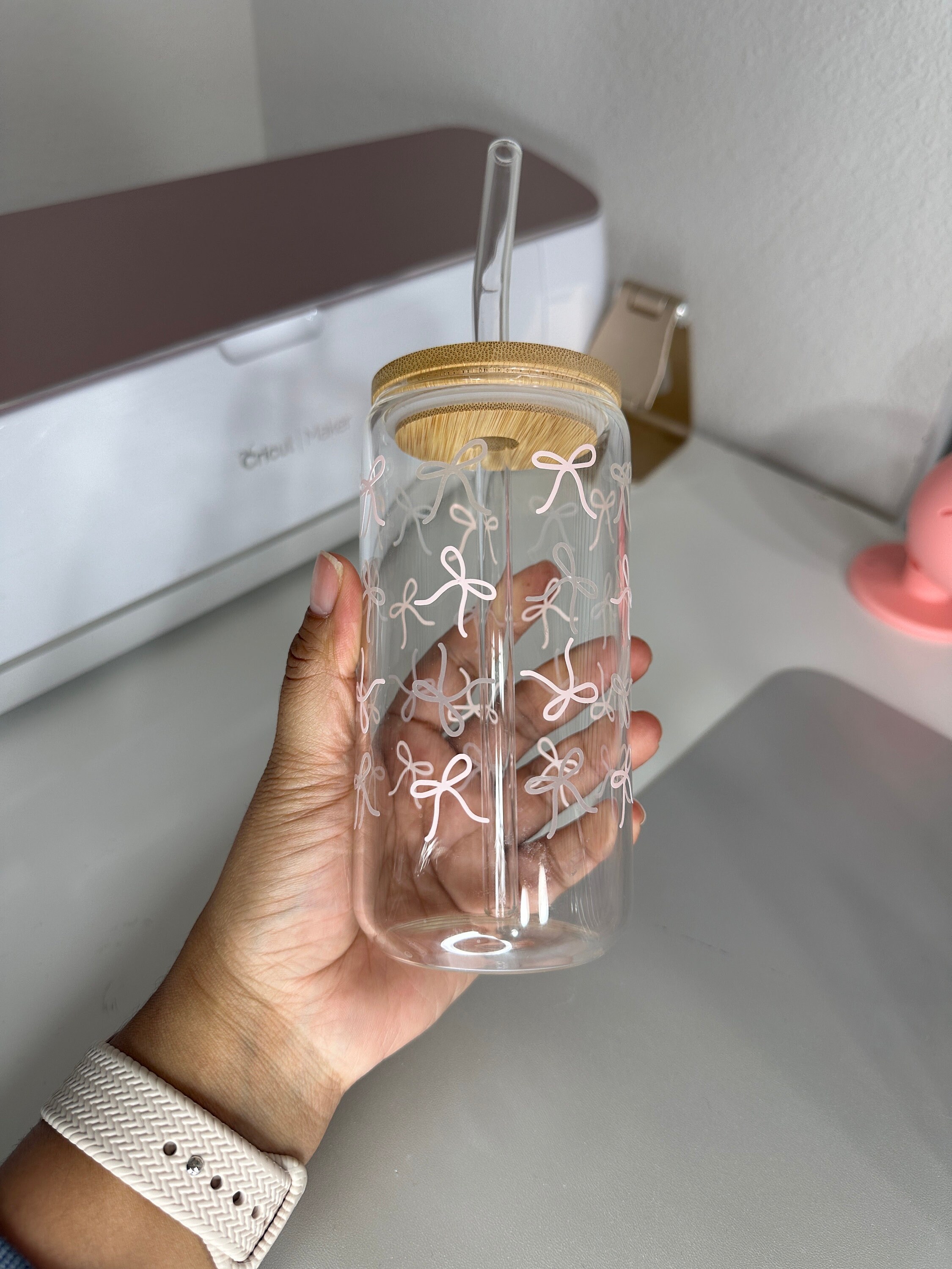 Pink Bow Glass Cup, Color Changing Vinyl, Bamboo Lid & Glass Straw - Etsy