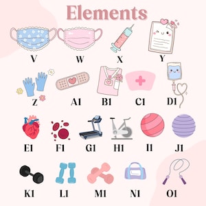 May include: A collection of illustrated elements, including medical and fitness-related items. The image features a blue face mask, a pink face mask, a syringe, a notepad, gloves, a bandage, a nurse's uniform, a nurse's hat, an IV bag, a heart, blood cells, a treadmill, a stationary bike, a pink exercise ball, a purple exercise ball, dumbbells, a gym bag, and a jump rope.
