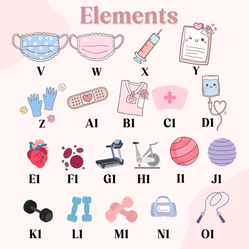 May include: A collection of illustrated elements, including medical and fitness-related items. The image features a blue face mask, a pink face mask, a syringe, a notepad, gloves, a bandage, a nurse's uniform, a nurse's hat, an IV bag, a heart, blood cells, a treadmill, a stationary bike, a pink exercise ball, a purple exercise ball, dumbbells, a gym bag, and a jump rope.