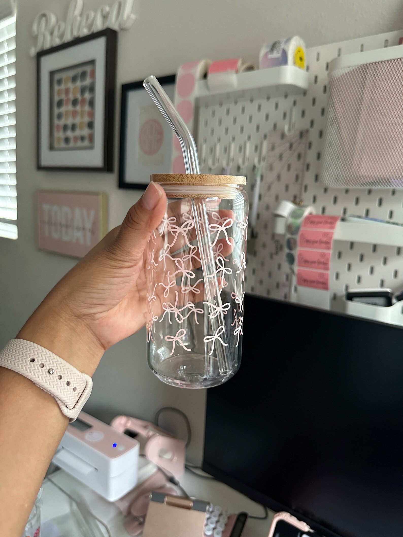 Pink Bow Glass Cup, Color Changing Vinyl, Bamboo Lid & Glass Straw - Etsy