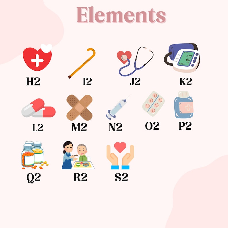 May include: An illustration of medical elements, including a heart with a plus sign, a cane, a stethoscope, a blood pressure monitor, pills, a bandage, a syringe, medicine tablets, a medicine bottle, medicine bottles, a caregiver feeding a patient, and hands holding a heart.