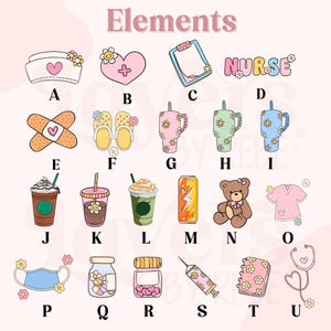 May include: A collection of illustrated elements, including a nurse's cap, heart with a cross, clipboard, the word "NURSE", band-aid, slippers, and various drinks. Other items include a teddy bear, a medical uniform, a face mask, and a stethoscope.
