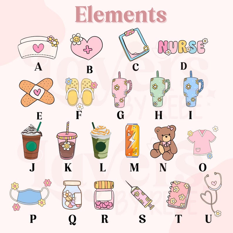 May include: A collection of illustrated elements, including a nurse's cap, heart with a cross, clipboard, the word "NURSE", band-aid, slippers, and various drinks. Other items include a teddy bear, a medical uniform, a face mask, and a stethoscope.