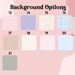 May include: The image displays a selection of background options, each within a rounded square. The options include gingham, solid colors, stripes, and patterns with small decorative elements. The text "Background Options" is at the top.