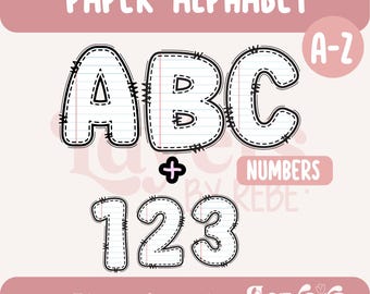 May include: A digital download graphic featuring the alphabet and numbers. The letters ABC and numbers 123 are displayed in a stitched paper style, with the text "PAPER ALPHABET" and "NUMBERS" above. The design includes the text "DIGITAL DOWNLOAD".