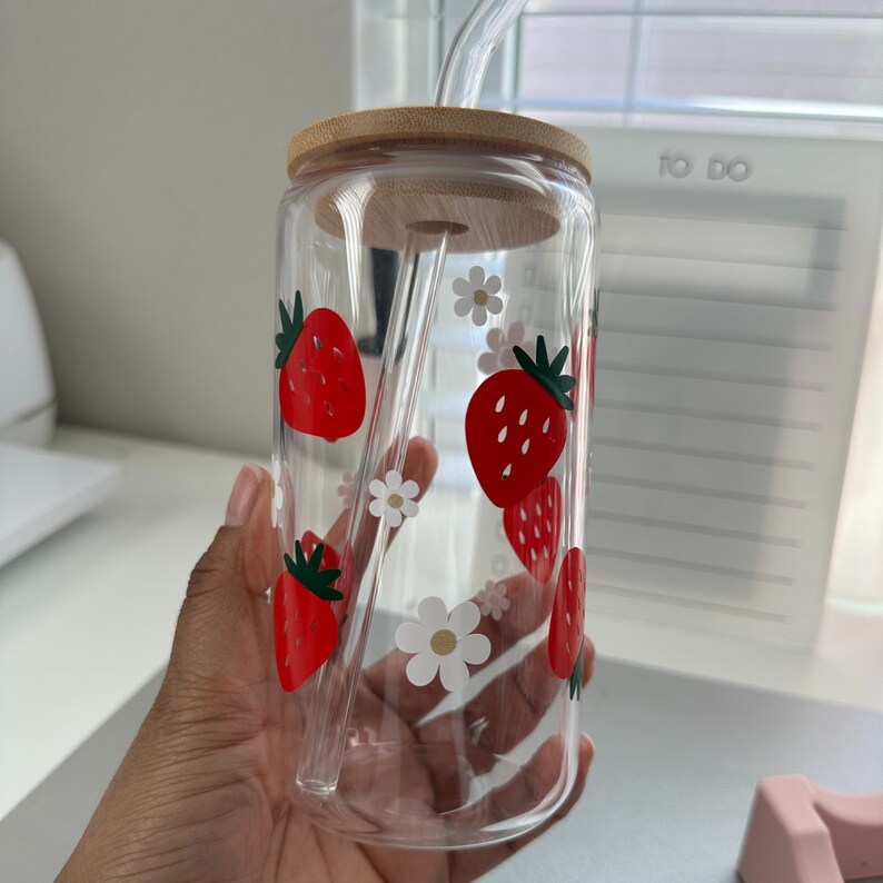 Strawberry Glass Cup With Bamboo Lid and Glass Straw, 16oz - Etsy
