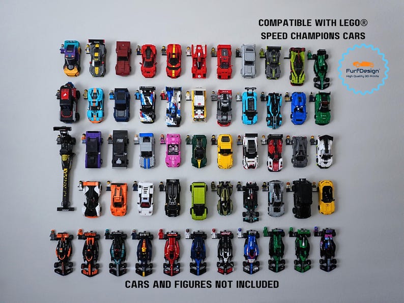 54 Lego Speed Champions cars are shown being displayed on a wall with their respective minifigures. "Cars and figures not included" is in text as well as "Compatible with Lego Speed Champions Cars"