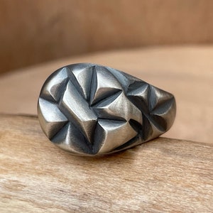 Geometric 925k Silver Mens Signet Ring for Him,  Unique Chevalier Bague Homme Mens Ring, Personalized 925k Silver Signet Ring for boyfriend