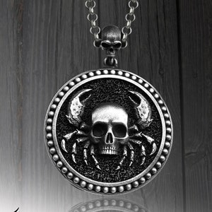 Memento Mori Cancer Zodiac Coin Necklace For Men, Cancer Horoscope Necklace in Sterling Silver, Gothic Astrology Necklace For Best Friend