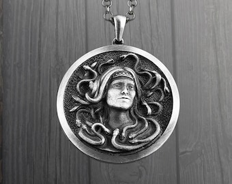 Sterling Silver Medusa Pendant: Engraved Greek Mythology Necklace