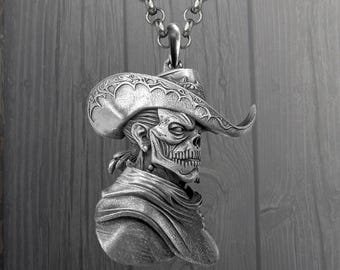 Sterling Silver Cowboy Skull Pendant – Gothic Western Biker Necklace, Handmade Oxidized Jewelry for Men