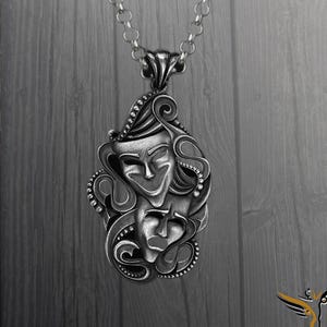 Sterling Silver Theater Mask Pendant, Drama Art Jewelry, Unisex Necklace, Gift for Actors, Unique Design