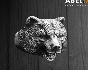 Handmade 925 Sterling Silver Bear Biker Ring - Wild Animal Statement Ring