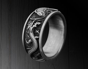 Japanese Dragon Koi Fish Sterling Silver Ring: Handmade Men's Band