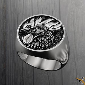 Rooster Head Sterling Silver Signet Ring: Courage & Vitality