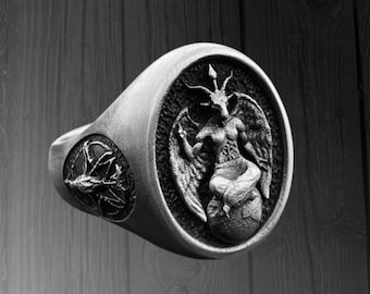 Baphomet Goat Headed Devil Winged Man Silver Ring, Baphomet Goat Head Satanic Pagan Silver Ring, Goat Headed Devil Winged Man Silver Ring