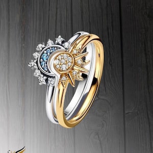 Sterling Silver Sun and Moon Ring Set: Cosmic Couple Rings
