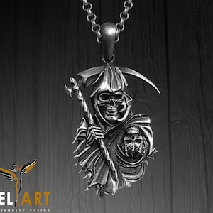 Dark Grim Reaper Skull Necklace Gift for Him, 925 Sterling Silver Oxidized Grim Reaper Pendant, Death Angel Jewelry, Gothic Gift for Men