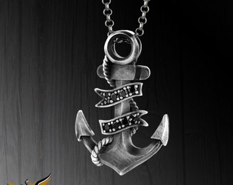 Sterling Silver Anchor Necklace with Black Stones, Sailor Jewelry