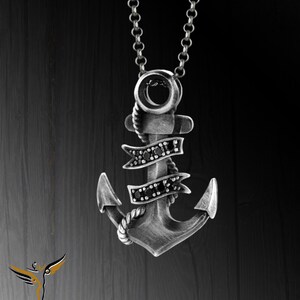 Sterling Silver Anchor Necklace with Black Stones, Sailor Jewelry