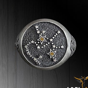 Sagittarius Constellation Silver Ring Birthday gift, Round Yellow Citrine Silver Horoscope Ring, Zodiac Sign Sagittarius Rings, Gift for Her