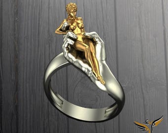 Golden Woman Sterling Silver Ring: Artistic Sculpture Jewelry