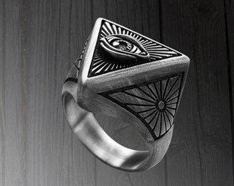 Anello Massone Con Occhio Onnisciente In Argento Sterling 925 - Regalo Unisex Vintage - Foto 6