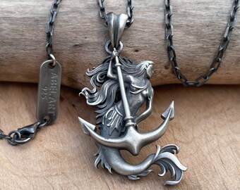 Anchor Mermaid Pendant, Mermaid Siren Charm Oxidized Silver Necklace, Mermaid Jewelry Necklace, Siren Jewelry Special Gift For Girlfriend