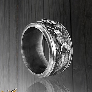 925 Sterling Silver Wolf Family Silver Mens Nature Band Ring, Engraved Wolf Oxidized Promise Ring For Boyfriend, Mens Wedding Band Ring
