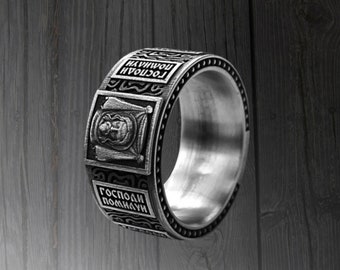 Symbolic Religious Ring for Men, Sterling Silver Traditional Orthodox Christian Band Ring, Christian Byzantine Ring with Orthodox icon