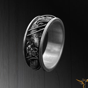 Japanese Koi Fish Sterling Silver Ring – Handcrafted Lucky Mens Band – Silver Floral Carp Koi Fish Wedding Ring for Lovers