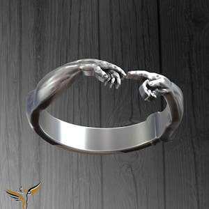 Hand van God-ring – The Creation of Adam-ring – Michelangelo-geïnspireerde zilveren band – Spirituele sieraden voor mannen en vrouwen