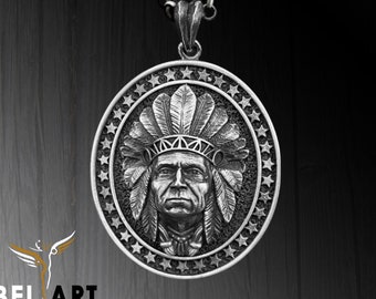 Collana Uomo Indiano D'America - Ciondolo Capo Tribù Con Copricapo - Catena 60 Cm (23,6 Pollici) - Acciaio Inossidabile - Gioiello Etnico Punk