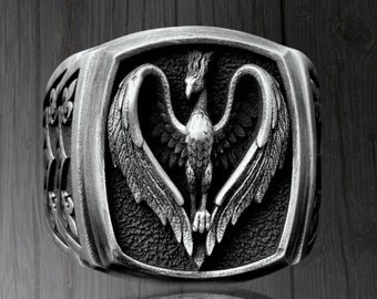 Bagues en argent scellées carrées Phoenix ailées pour hommes, bague Silver Phoenix Bird Men, bague Pinky, bague en argent Phoenix Lover pour lui