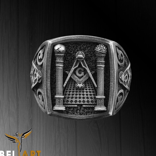 Men’s Masonic Master Mason Ring – Square & Pillars – Silver Tone Brass – Freemason Size 7-14