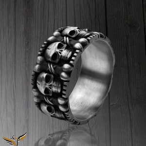 Mens Wedding Band Skull Silver Rings For Man Jewelry, Gothic Skull Wedding Band Ring, Unique Biker Mens Promise Ring, Goth Engagement Ring