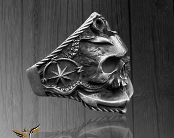 Handmade Skull Pirate 925 Sterling Silver Ring for Men, Vintage Sailor skull Gothic Ring, Anchor Compass Octopus Skull Ring Gift for Him
