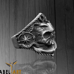 Handmade 925 Sterling Silver Skull Pirate Ring: Gothic Sailor Jewelry