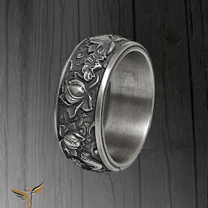 Japanese Lotus Flower Kanji Ring – 925 Sterling Silver Ornamental Men’s Band – Symbol of Purity, Wisdom & Balance – Gift for Him