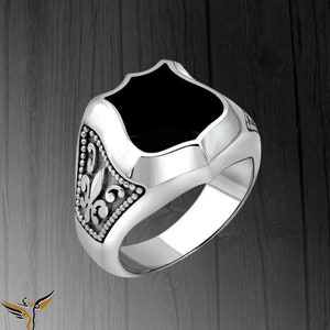Fleur De Lis Knight Shield Ring Gift for Man, 925 Sterling Silver Shield Enamel Sealed Ring, Minimalist Sealed Ring Gift to Best Friend.