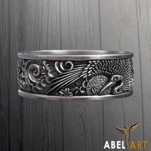 Japanese Shadoof Sun Mens Ring in Sterling Silver, Traditional Ornamental Ring, Men Wedding Band Ring, Japanese Jewelry, Asian Oriental Ring